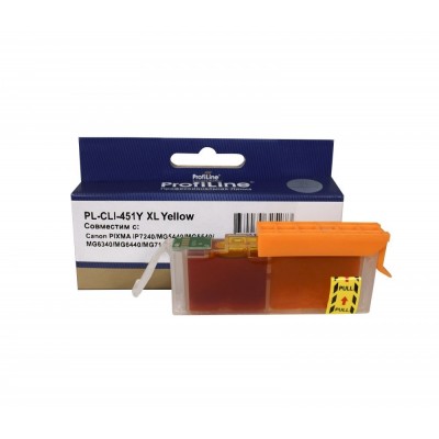 Струйный картридж PL-CLI-451Y XL для принтеров Canon PIXMA iP7240/iP8740/iX6840/MG5440/MG5540MG5640/MG6340/MG6440/MG6640/MG7140/MG7540/MX924 с чернилами на водной основе Yellow 11 мл ProfiLine